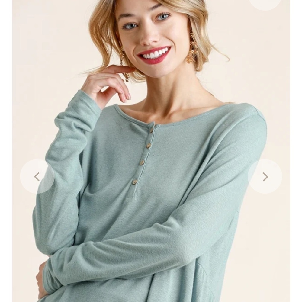 Umgee Lagoon Linen Blend Tier Back Dress Large Blue Long Sleeve Henley - Picture 2 of 3